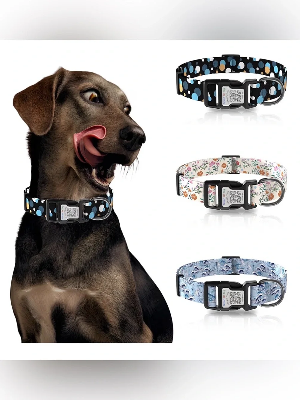 Smart ID Tag Polka Dot Dog Collar - Black with Blue, White & Tan Dots